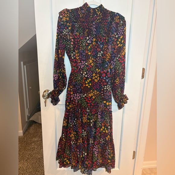 FARM Rio Black Multicolor Floral Smocked Long Sleeve Tiered Midi Dress NWT - Picture 2 of 9
